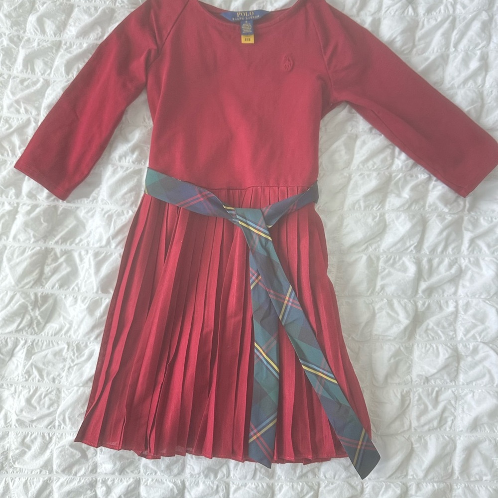 Polo by Ralph Lauren Red A-Line Pleated Dress 3/4 Sleeve